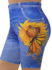 Women's Plus Denim & Sunflower Print High Rise Skinny Shorts