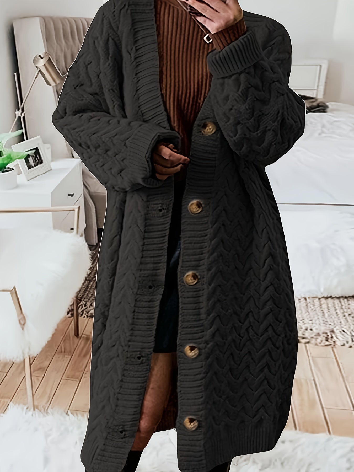  Cable Long Sleeve Button Up Cardigan