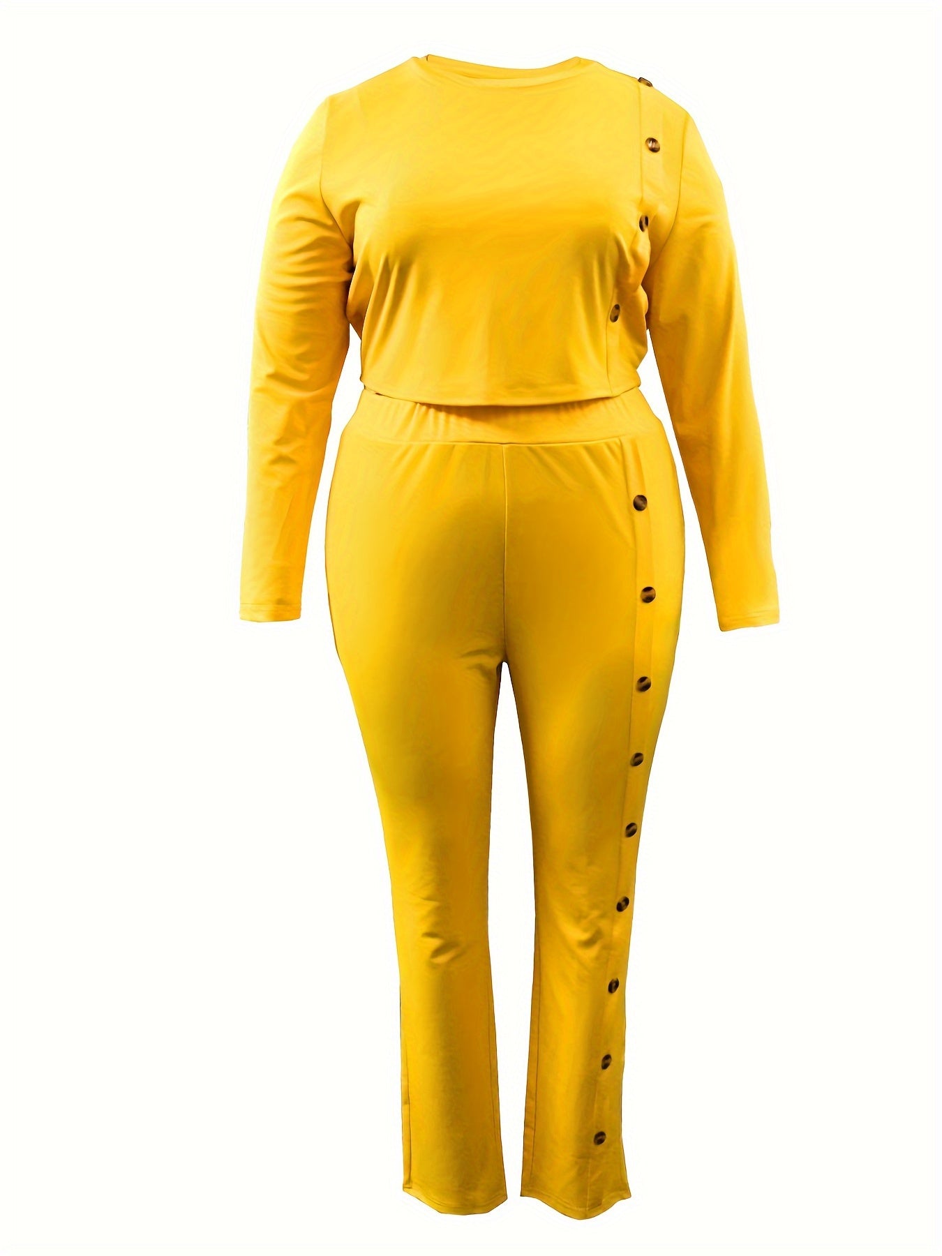  Solid Button Detail Crop Top & Pants Set