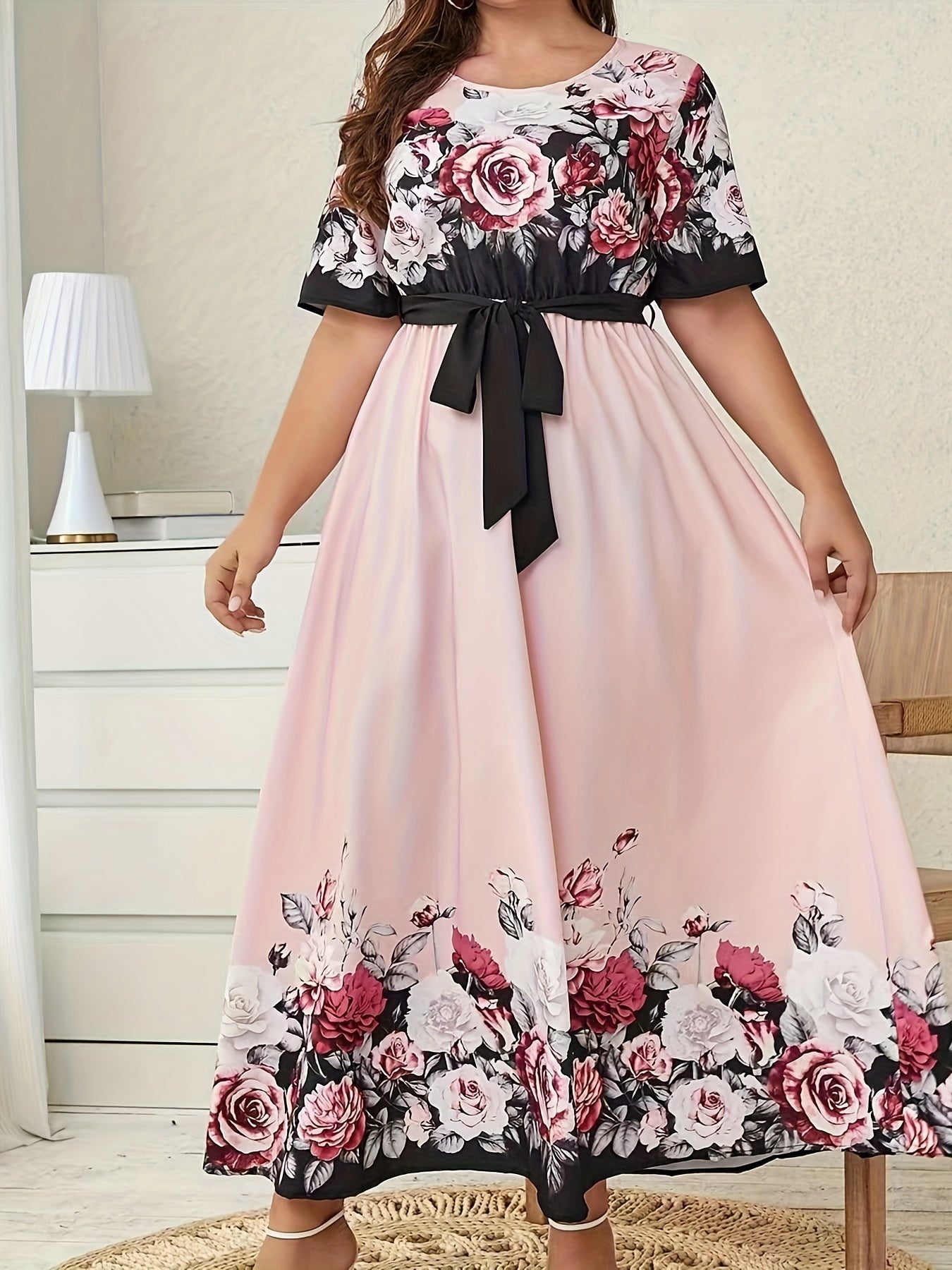  Floral Print Short Sleeve Maxi Dress