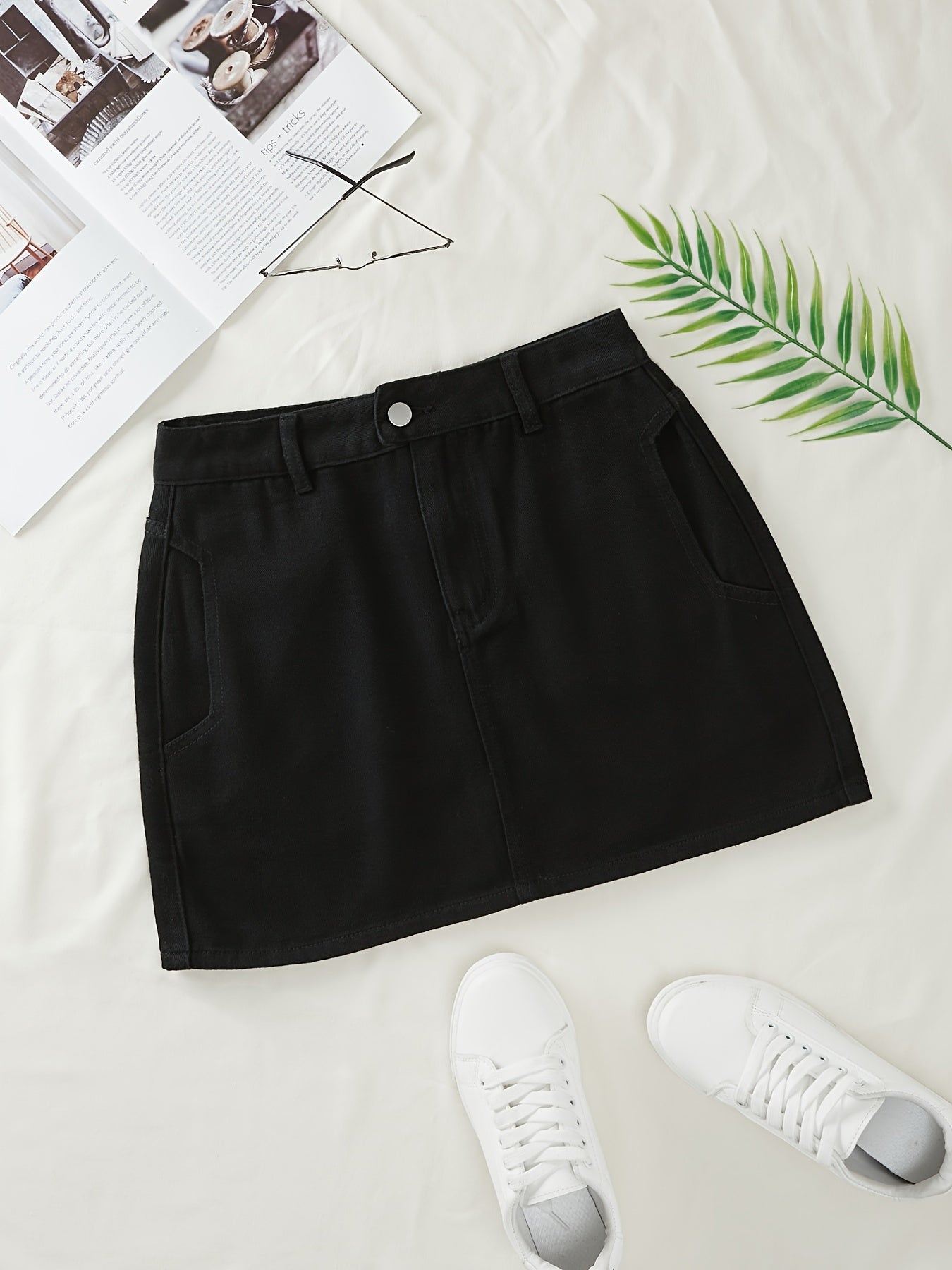 Denim Mini Skirt with Pockets and Side Slit