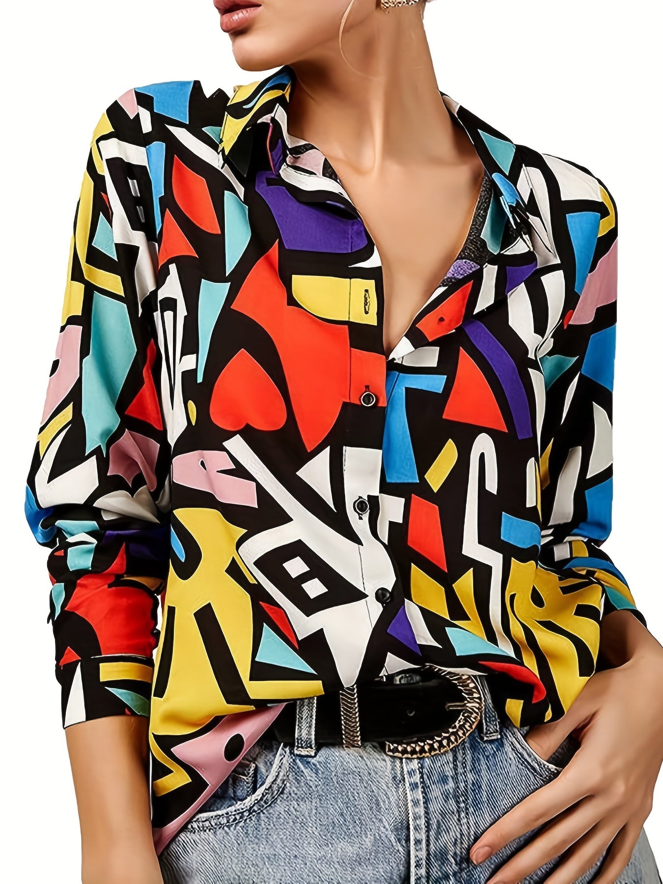  Colorblock Geometric Print Button Up Blouse