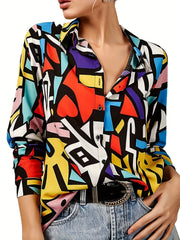  Colorblock Geometric Print Button Up Blouse