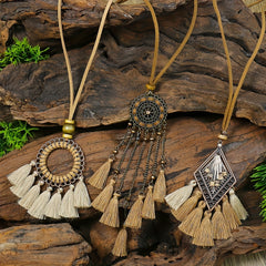 Boho Ethnic Tassel Pendant Necklaces Retro Rhinestone Drip Oil Alloy Necklace