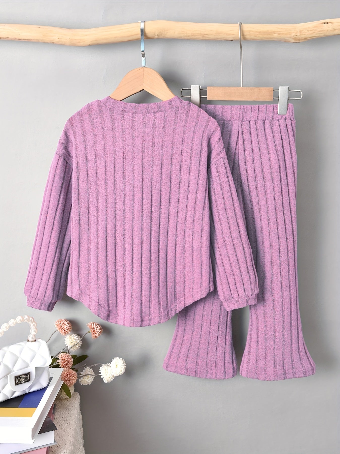 Girl's Ribbed Long Sleeve Top & Flared Pants Set Casual Outfits Spring Fall