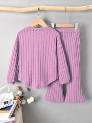 Girl's Ribbed Long Sleeve Top & Flared Pants Set Casual Outfits Spring Fall