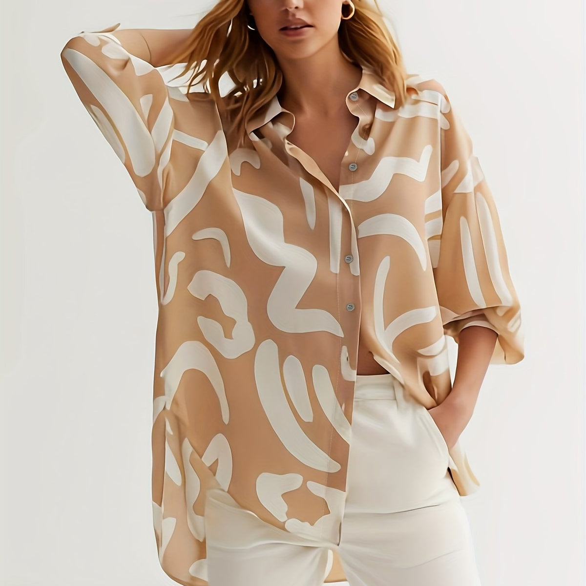  Graffiti Print Button Up Lantern Sleeve Blouse