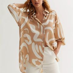 Graffiti Print Button Up Lantern Sleeve Blouse