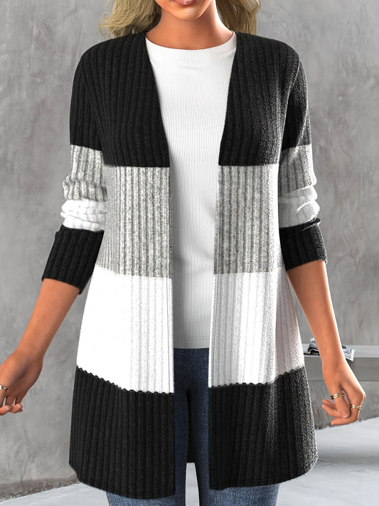  Colorblock Long Sleeve Open Front Cardigan
