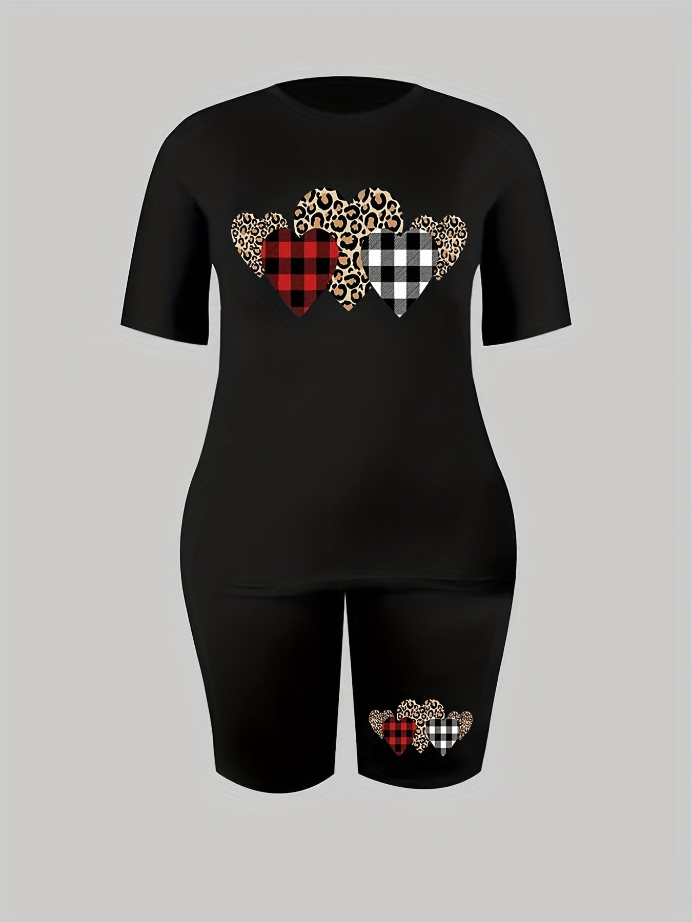  Gingham & Leopard Print Top & Shorts Set