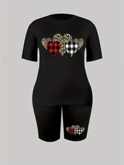  Gingham & Leopard Print Top & Shorts Set