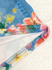 Denim & Floral Print High Rise Skinny Shorts