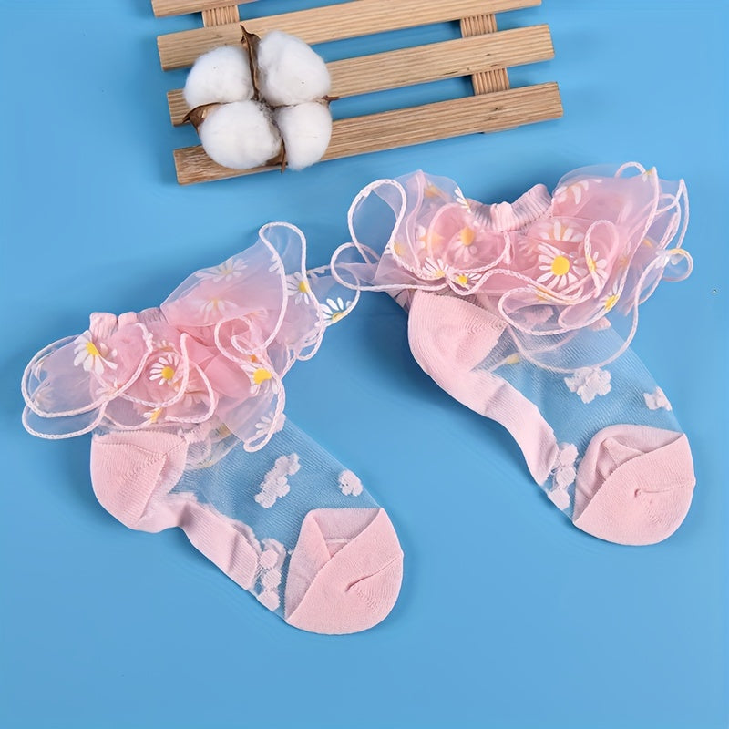 Girls Sunflower Pattern Lace Ruffled Princess Socks