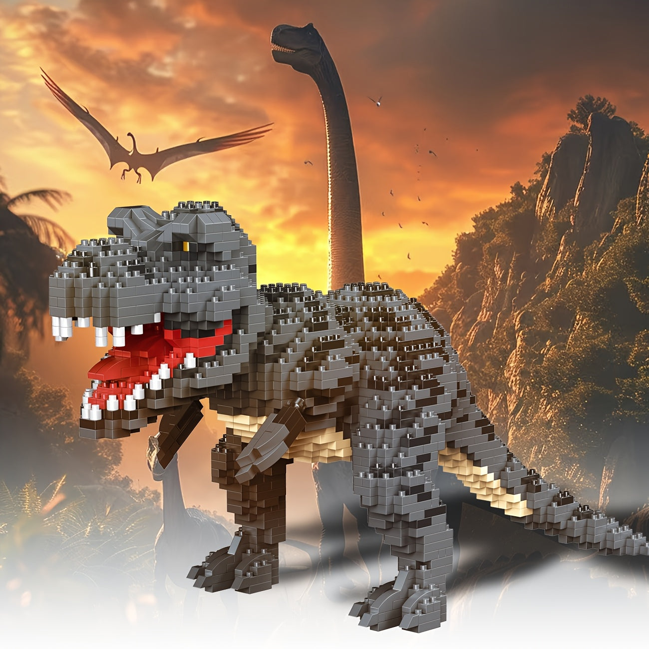 Jurassic Brontosaurus & Velociraptor Building Blocks Model Toy