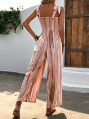 Striped Print Lace Up Jumpsuit Shirred Sleeveless Wide Leg Jumpsuit