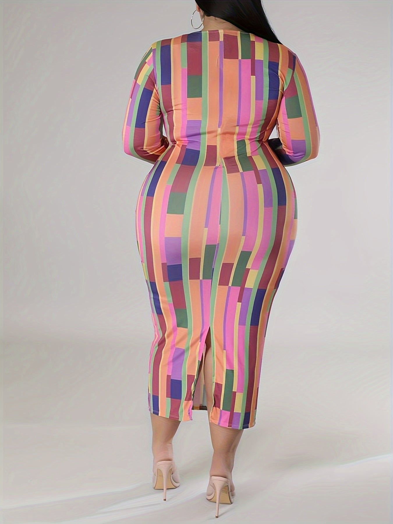  Colorblock Geometric Print Ruched V Neck Dress