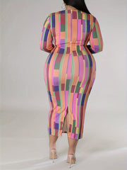  Colorblock Geometric Print Ruched V Neck Dress