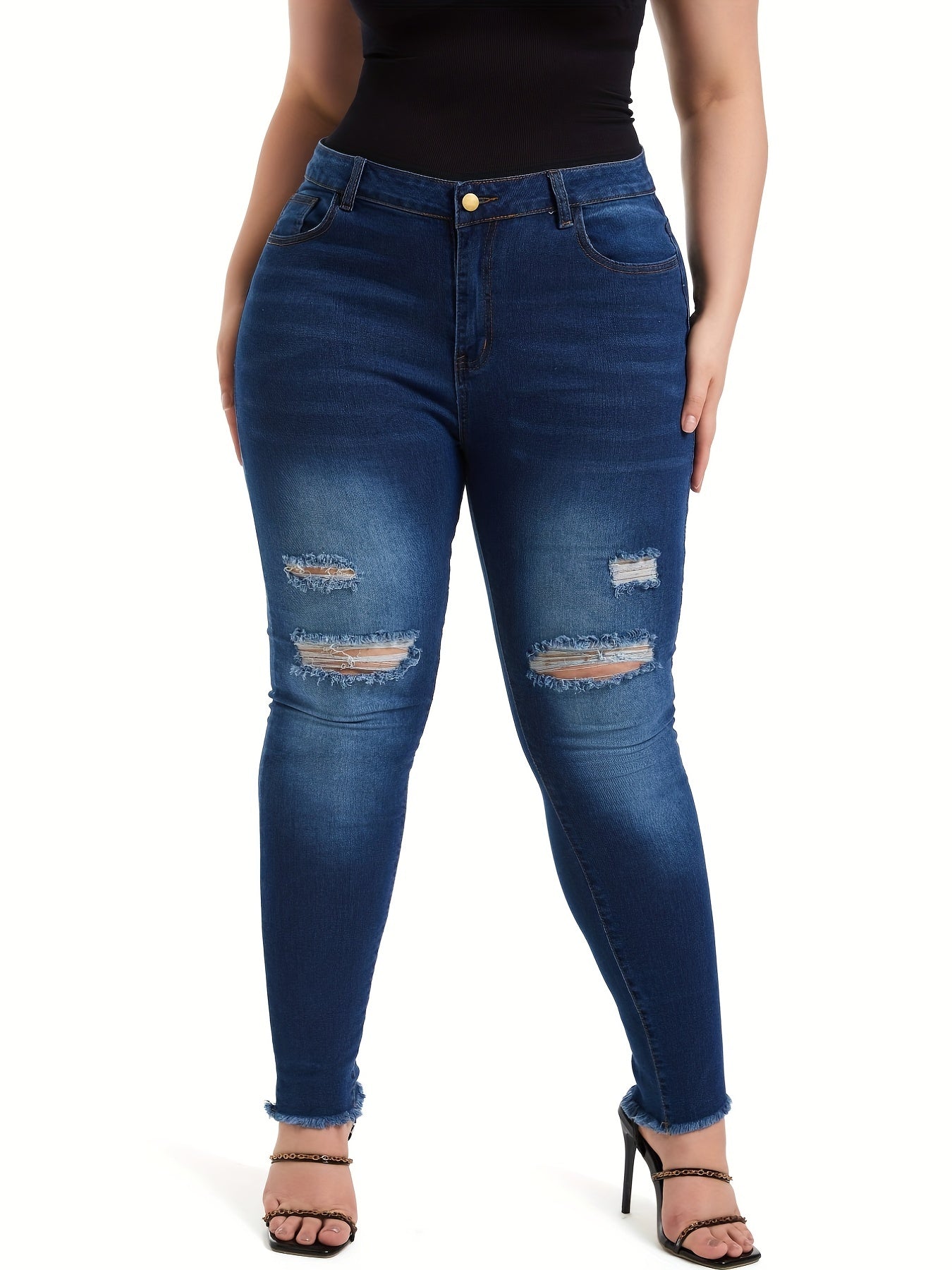 Plus Ripped Button Fly High Rise Tapered Jeans