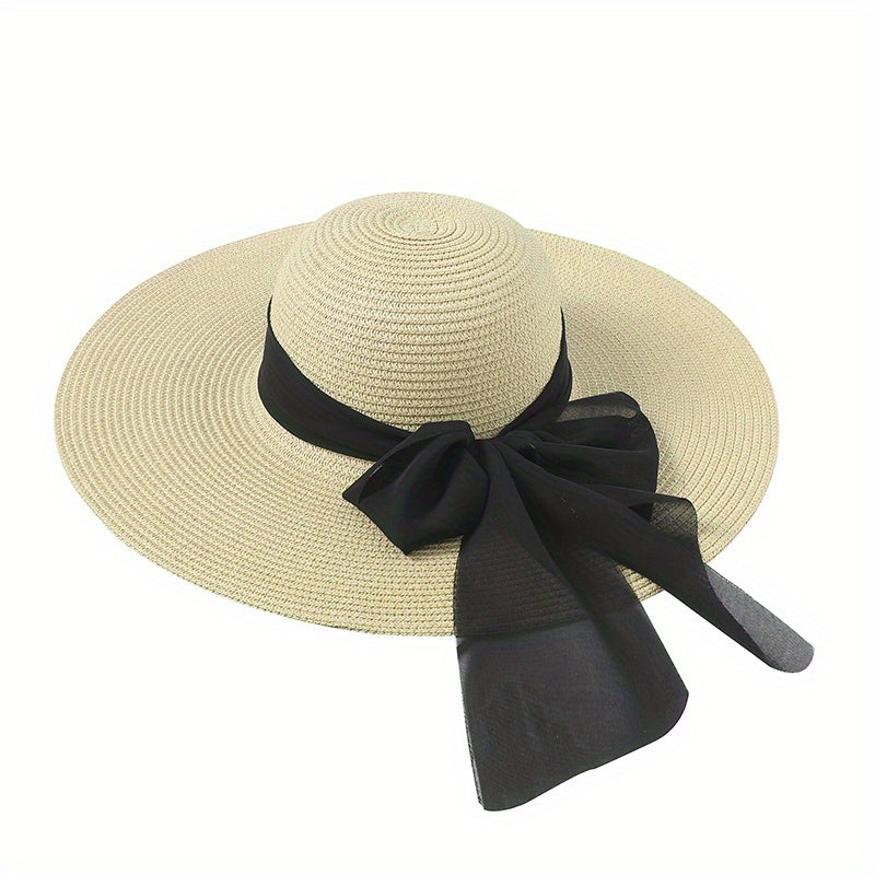 Big Bowknot Sun Hat Solid UV Protection Vintage Straw Beach Hats For Women