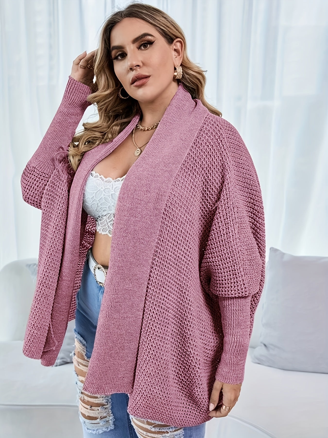  Solid Bat Sleeve Open Front Cardigan