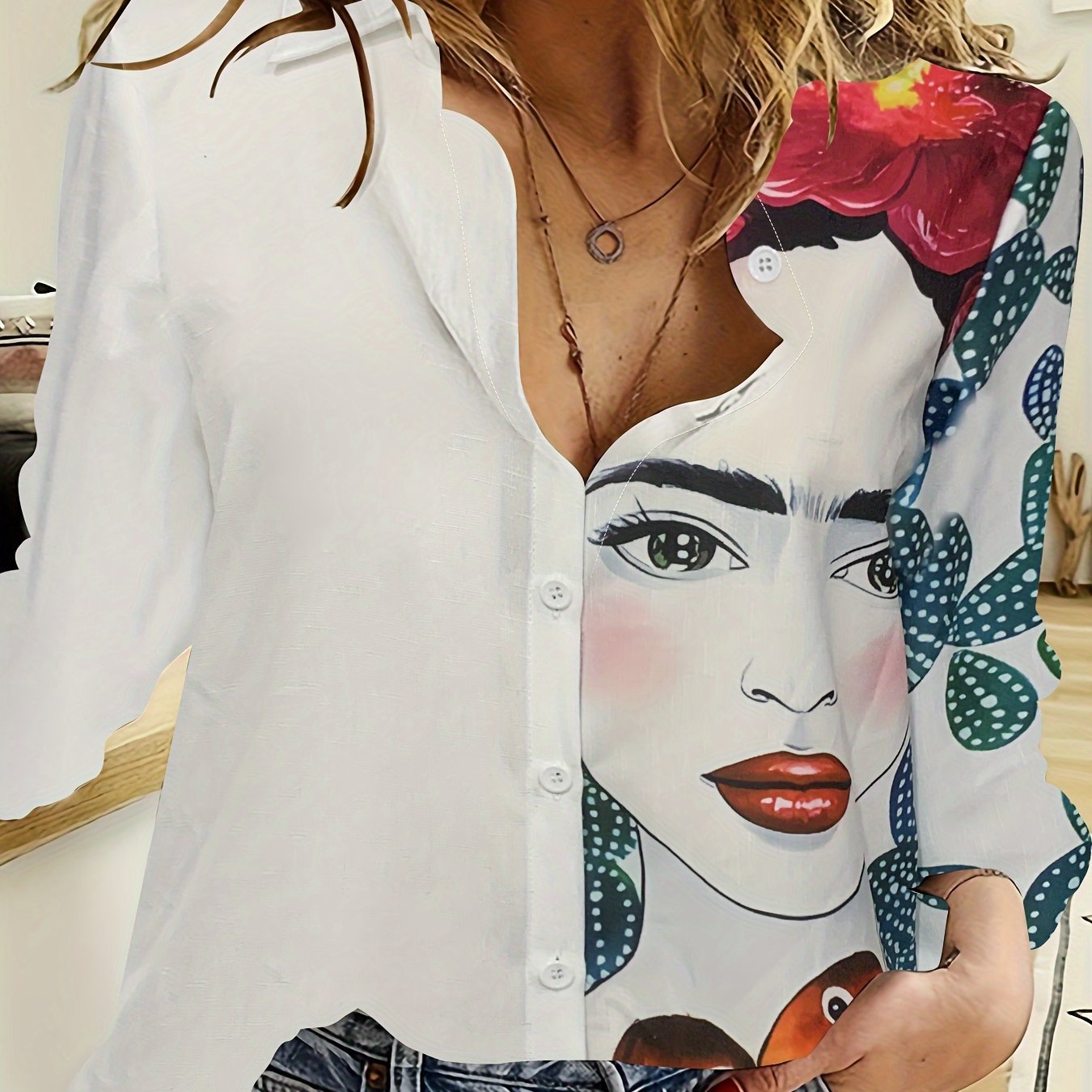  Women's Cartoon Print Colorblock Long Sleeve Blouse