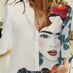  Women's Cartoon Print Colorblock Long Sleeve Blouse