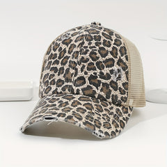 Leopard Print Ponytail Baseball Cap Mesh Trucker Hat