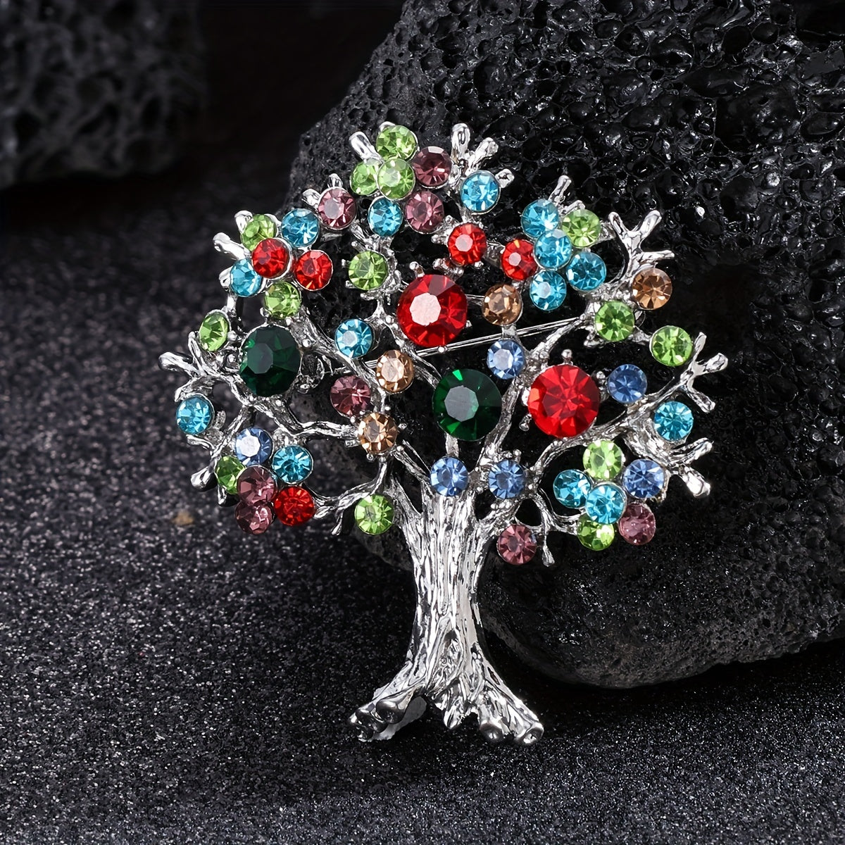 Life Tree Rhinestone Brooch, Colorful Christmas Tree Pin