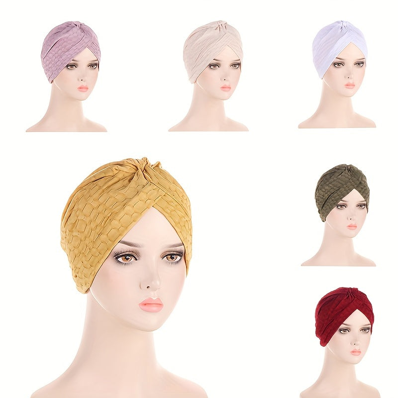 Solid Embossed Turban Cap Elastic Pleated Head Wraps Lightweight Beanie