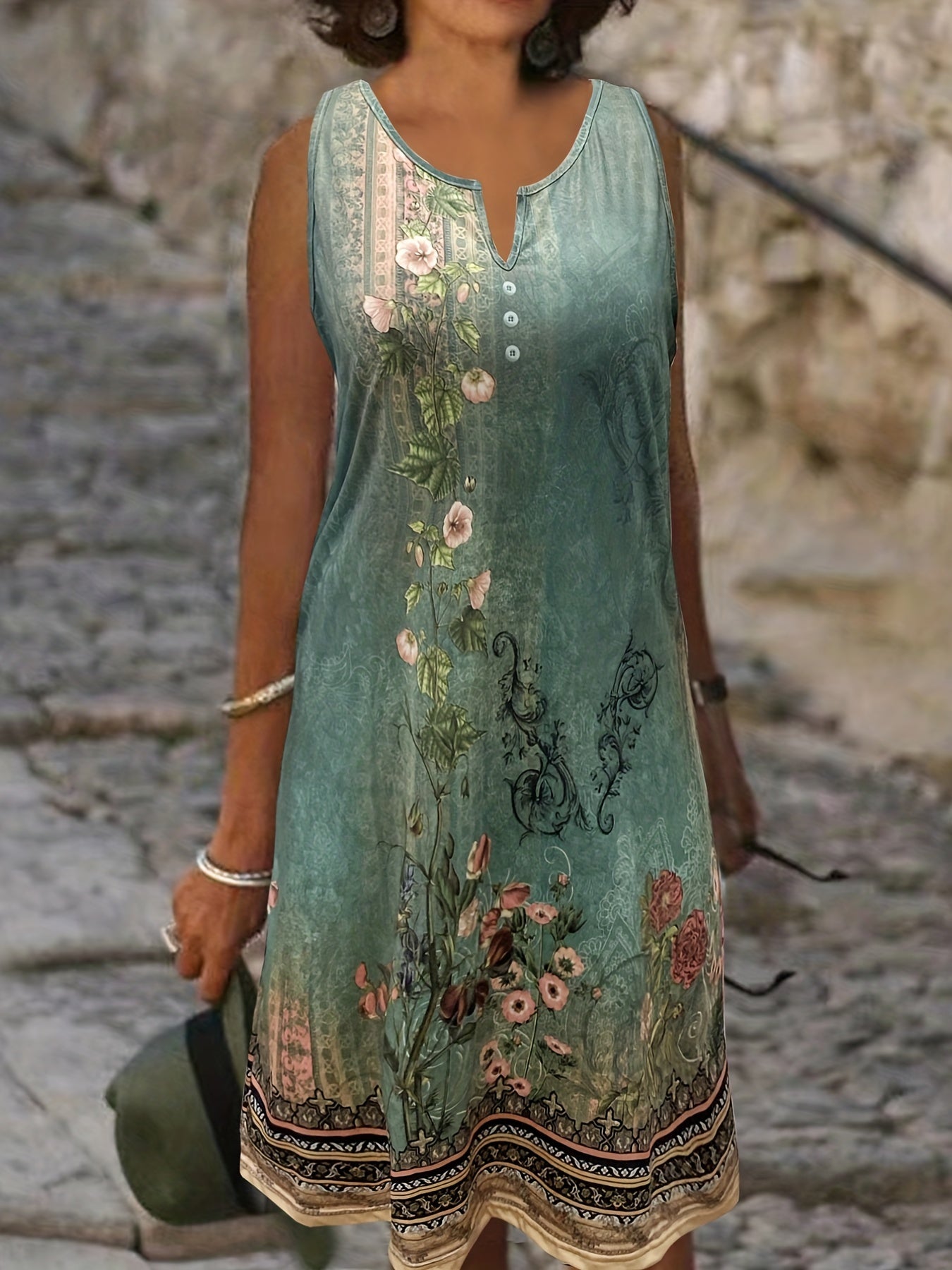  Casual Tank Dress Women's Plus Floral Print Notched Neck Dress