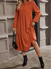  Solid Button Decor Lantern Sleeve V Neck Smock Maxi Dress