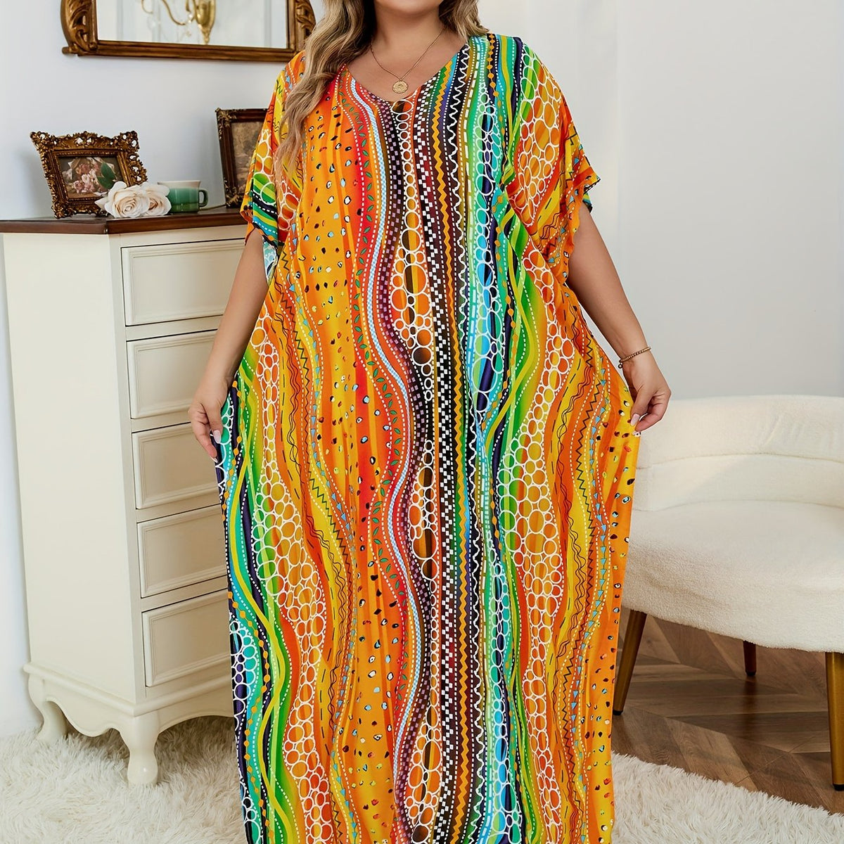 Rainbow Striped Batwing Sleeve Beachwear Kaftan Dress