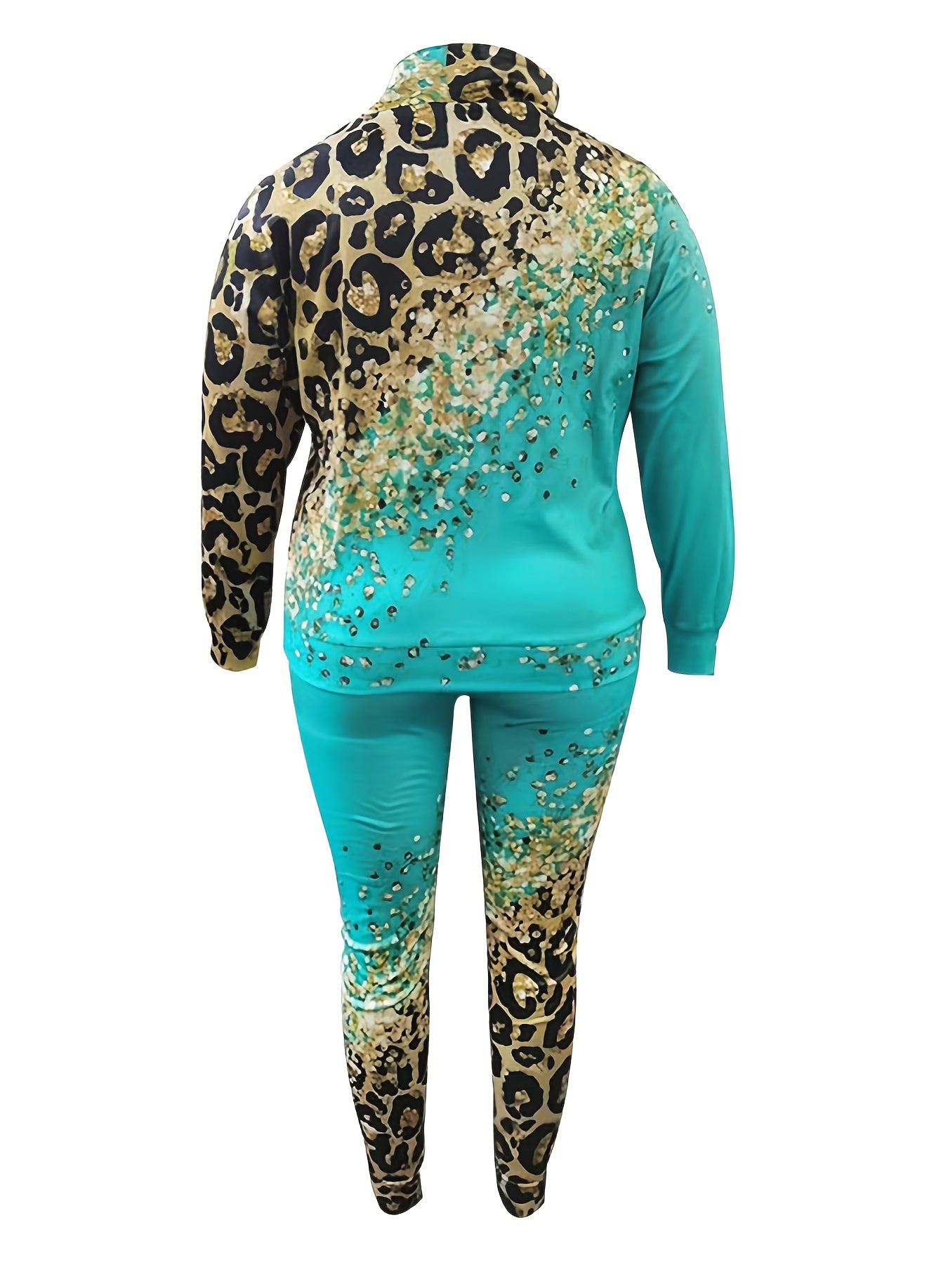  Colorblock Leopard Print Top & Pants Two Piece Set