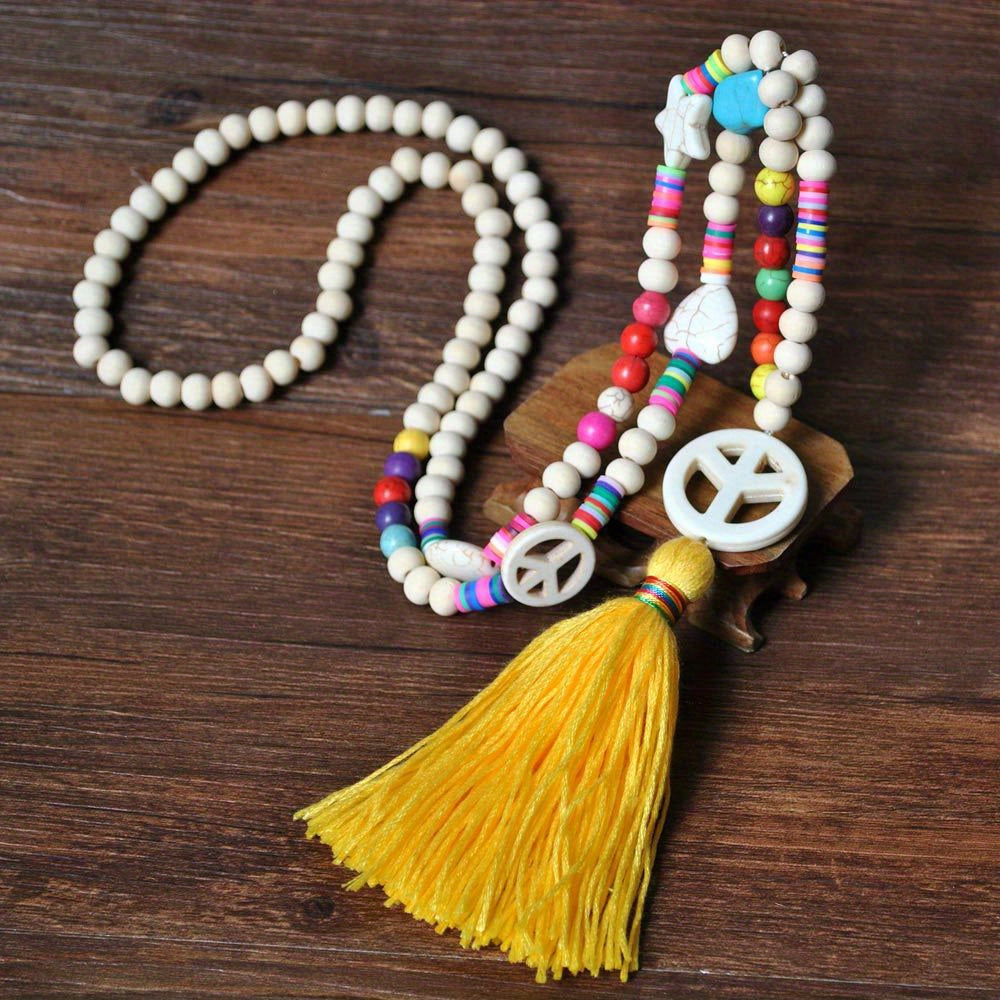 Colorful Beaded Tassel Long Necklace Stone Pendant Boho Summer Jewelry