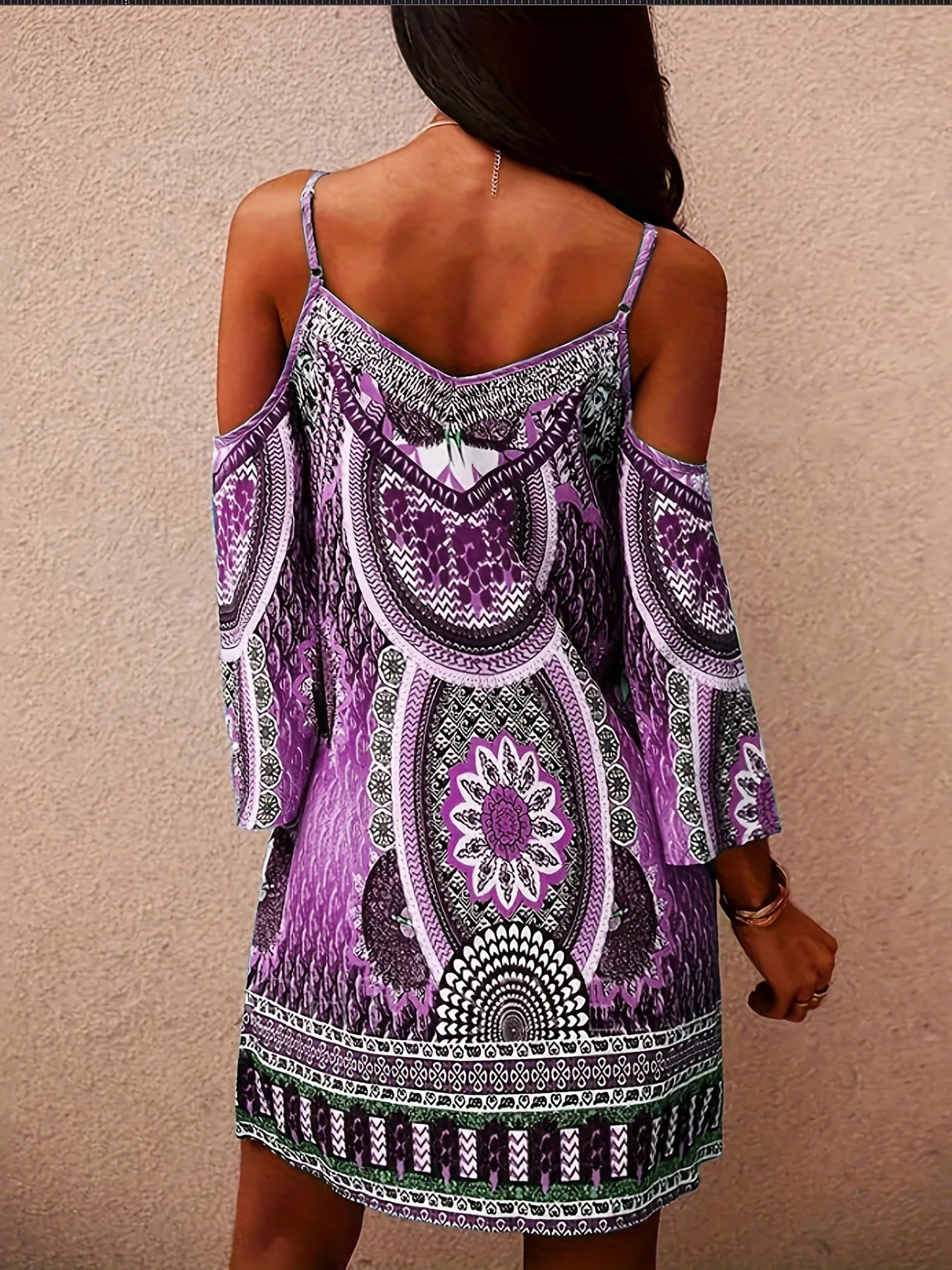 Ethnic Floral Cold Shoulder Dress Boho Summer Mini Cami Dress
