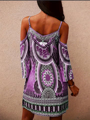 Ethnic Floral Cold Shoulder Dress Boho Summer Mini Cami Dress