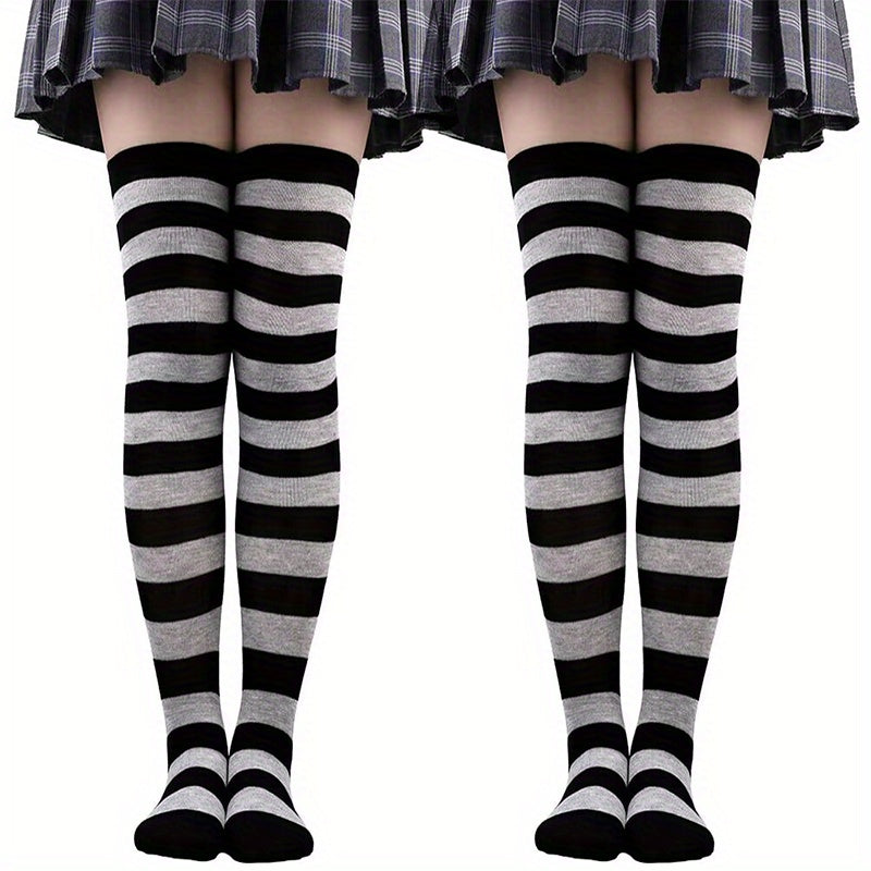 2 Pairs Striped Thigh High Socks Women's Stockings