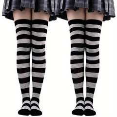 2 Pairs Striped Thigh High Socks Women's Stockings