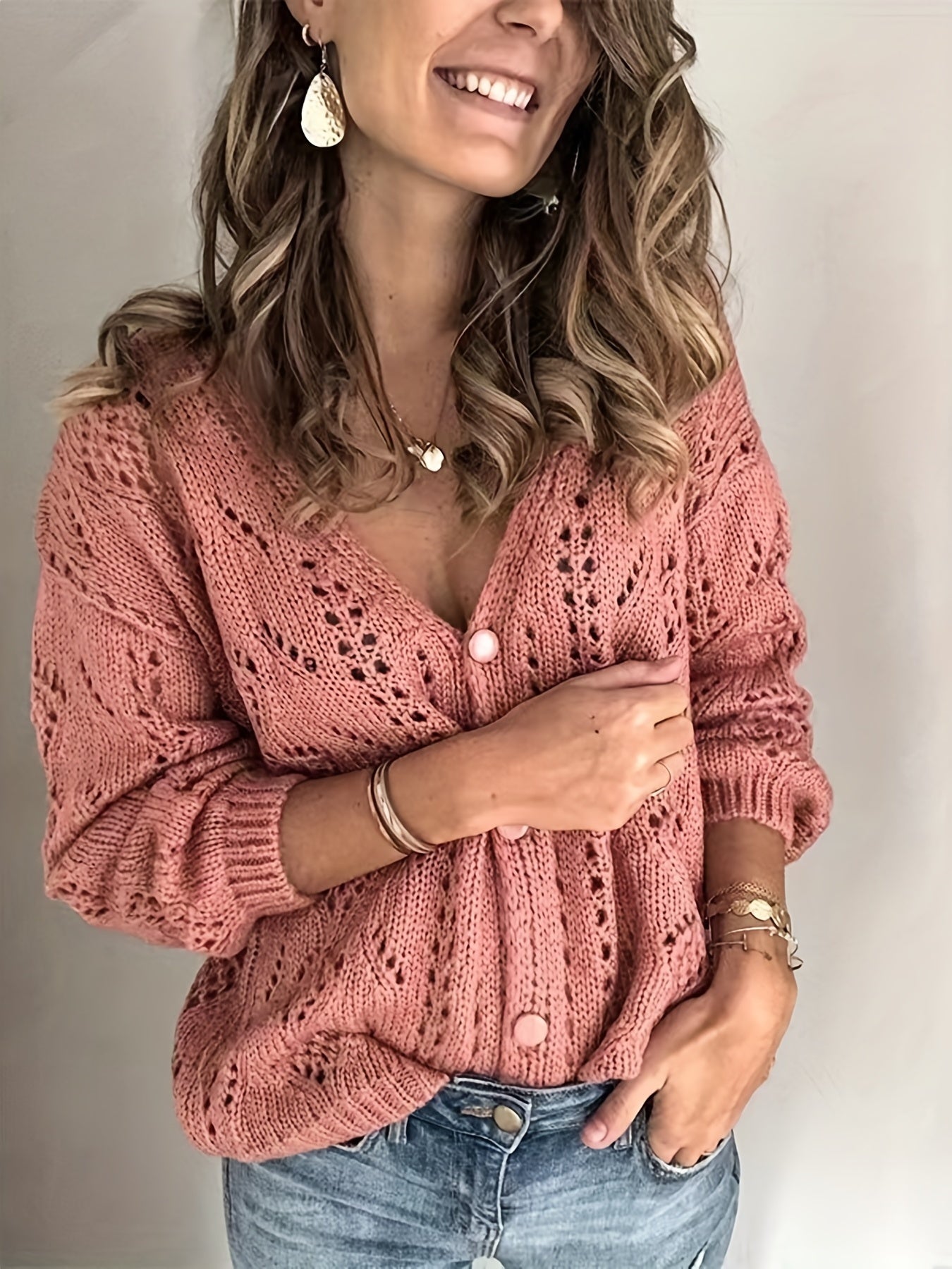 Solid Knit Cardigan Button Front Long Sleeve Sweater