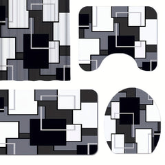 3pcs Geometric Pattern Shower Curtain Bathroom Mats Set