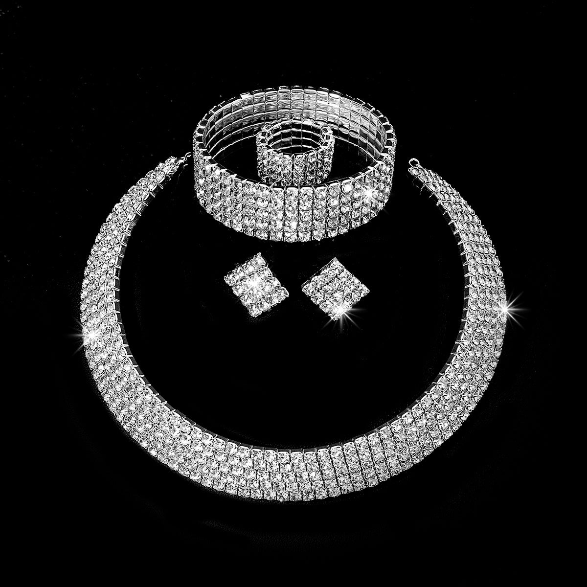 Rhinestone Crystal Jewelry Set: Choker Necklace, Earrings, Bracelet & Ring