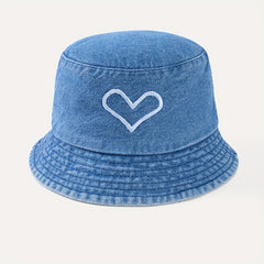 Heart Print Couple Bucket Hat Distressed Cotton Fisherman Cap