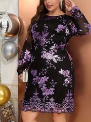  Floral Sequin Mesh Sleeve Party Dress