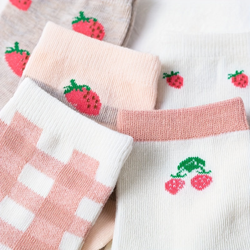5 Pairs Strawberry Print Socks Mid Tube Women's Stockings