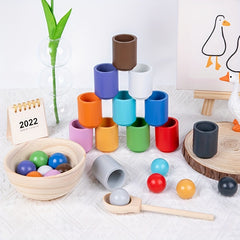 Montessori Wooden Sorter Toy Rainbow Ball And Cups Sorting Game