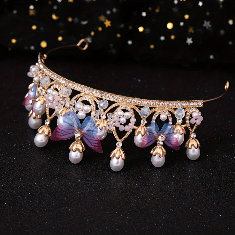 Golden Pearl Rhinestone Hairpiece Crown for Girls