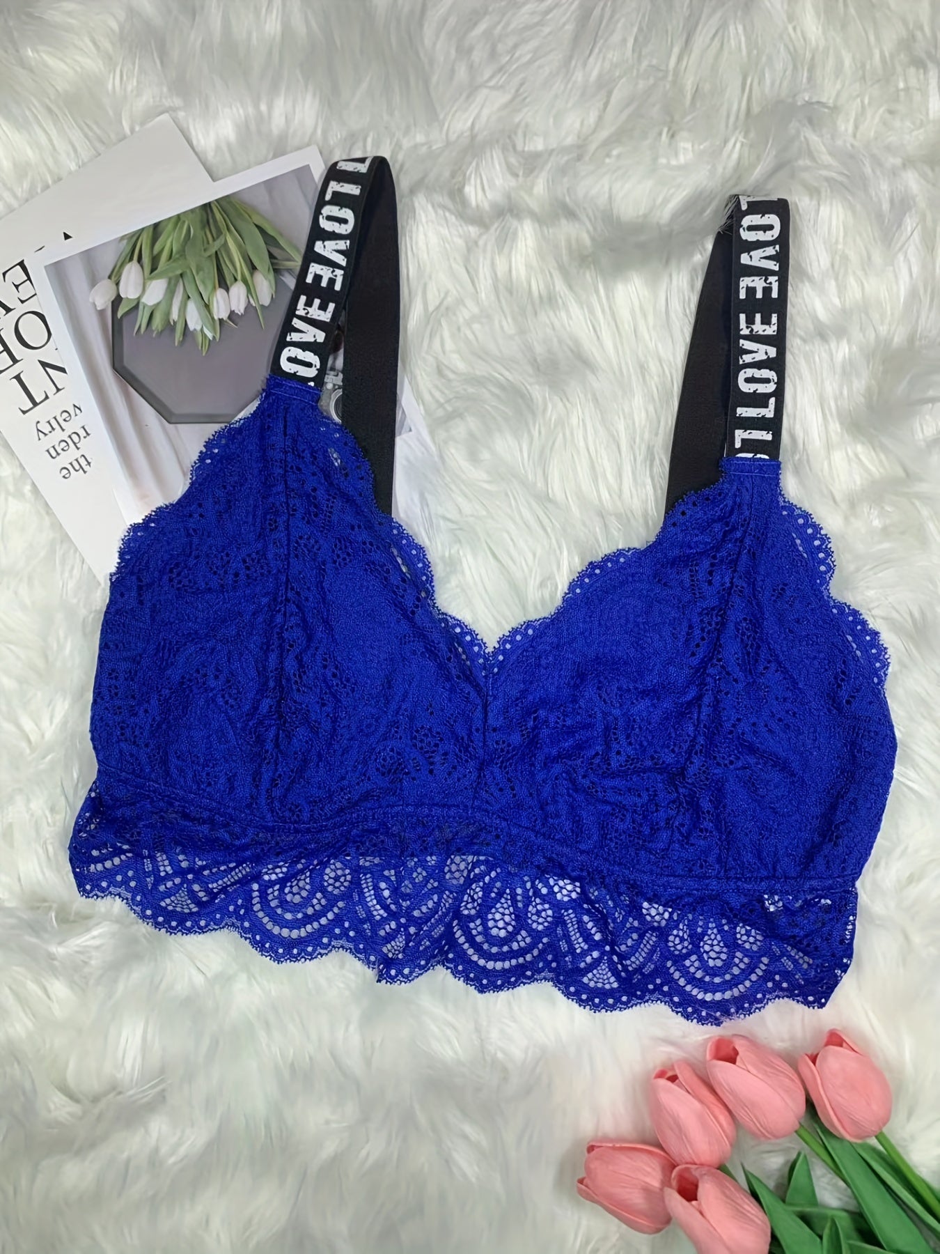 Plus Size Sexy Bra Women's Plus Letter Tape Floral Lace Wireless Bralette