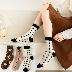 3 Pairs Floral & Cross Pattern Socks, Comfy & Breathable Women's Stockings