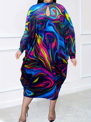  Abstract Stripe Print Round Neck Loose Fit Dress