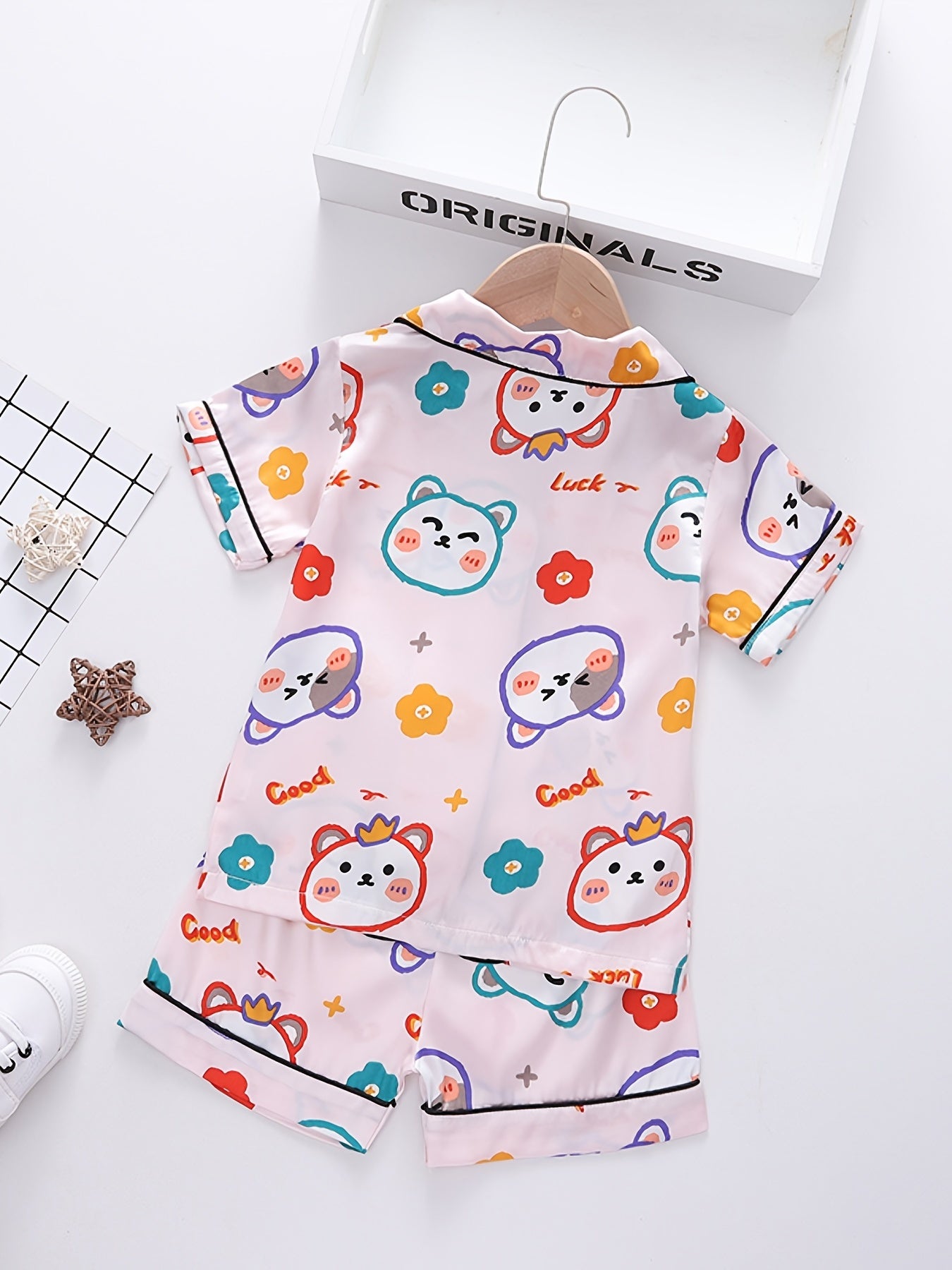 Girls Bear Graphic Pajama Set V neck Button Short Sleeve Top & Shorts